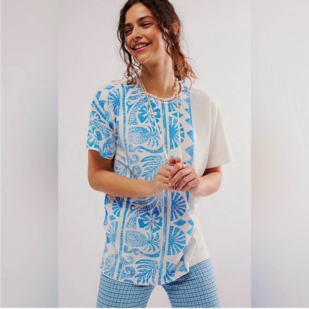 Free People Ragabond Studio Short Sleeve Tee White with Blue Tropical Panel